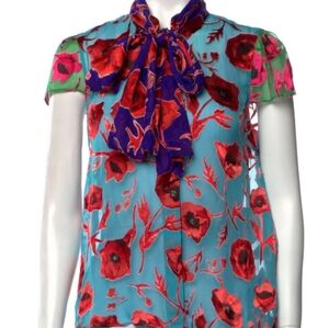 Alice + Olivia Blue and Red Ruffled Floral Blouse
